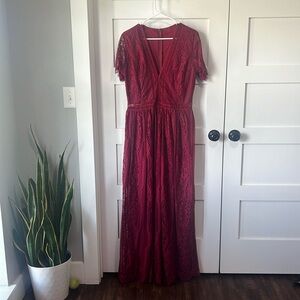 Long, Deep V Neck, Lace Overlay Dress